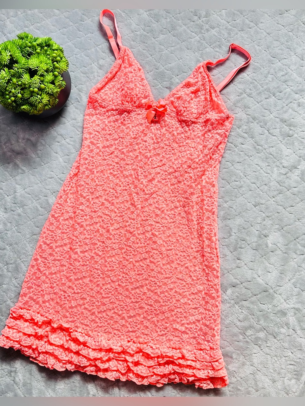 Vintage Victoria’s Secret Coral Lace Chemise Slip Dress Coquette